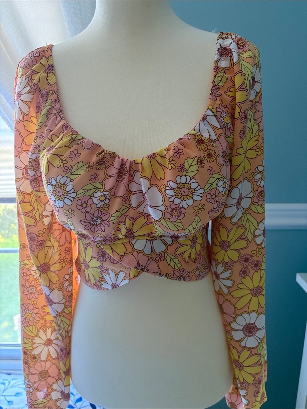 Floral Long-Sleeve Cropped Top - Pink/Yellow